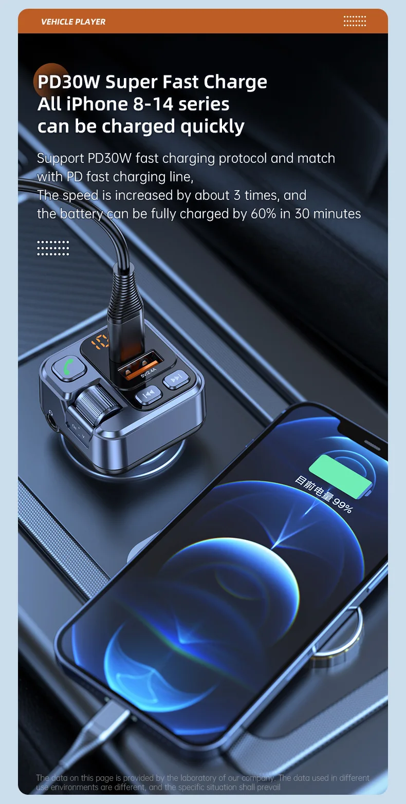 Автомобильный MP3-плеер FM-передатчик PD30W Быстрая зарядка + 2.4A автомобильный Bluetooth hands-free AUX воспроизведение автомобильное зарядное устройство