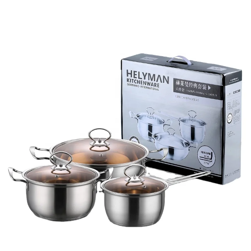 3pcs Cooking Pots and Pans Cookware Set Stainless Steel with Glass Metal Surface Pcs Handle Feature Eco Material Origin Type