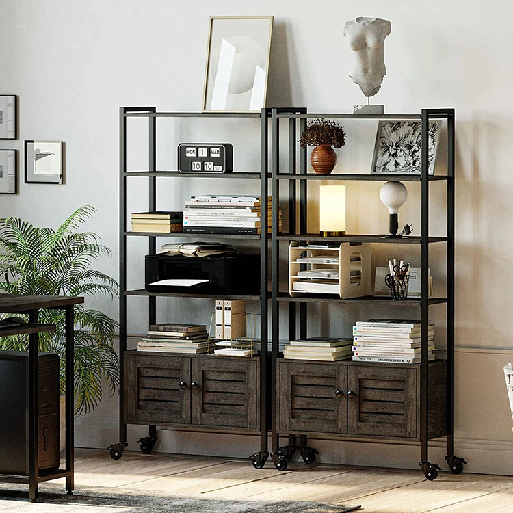 Height Adjustable Standing Storage Cabinet Office File Cabinet Mobile Bookcase 5 Tiers Industrial Wood Book Shelf with Wheel