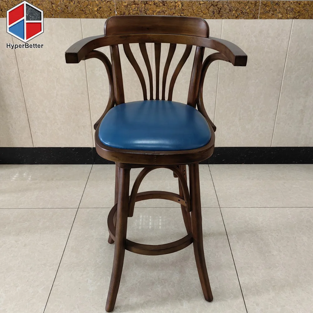 Classic leather seat solid wood nordic bar stool