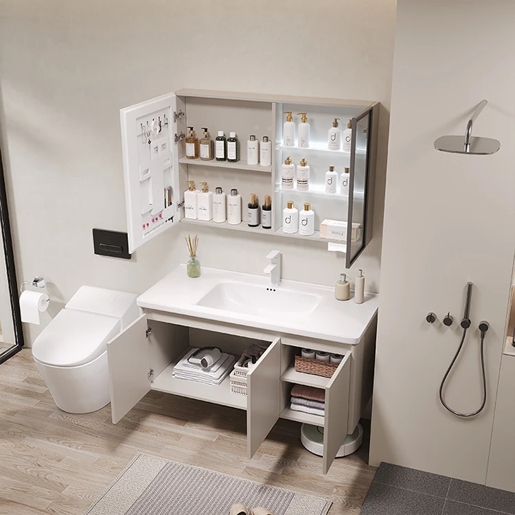 Samiyah  Glass Mirror Modern White Color Wall Mounted natural white  Bathroom Vanity Cabinet With smart Mirror