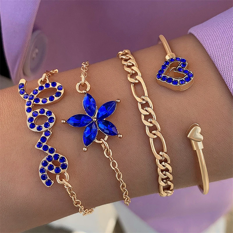 Fashion 4Pcs/Set Blue Resin Acrylic Butterfly Bracelets Set Crystal Rhinestones Pearl Bracelets For Women Girls