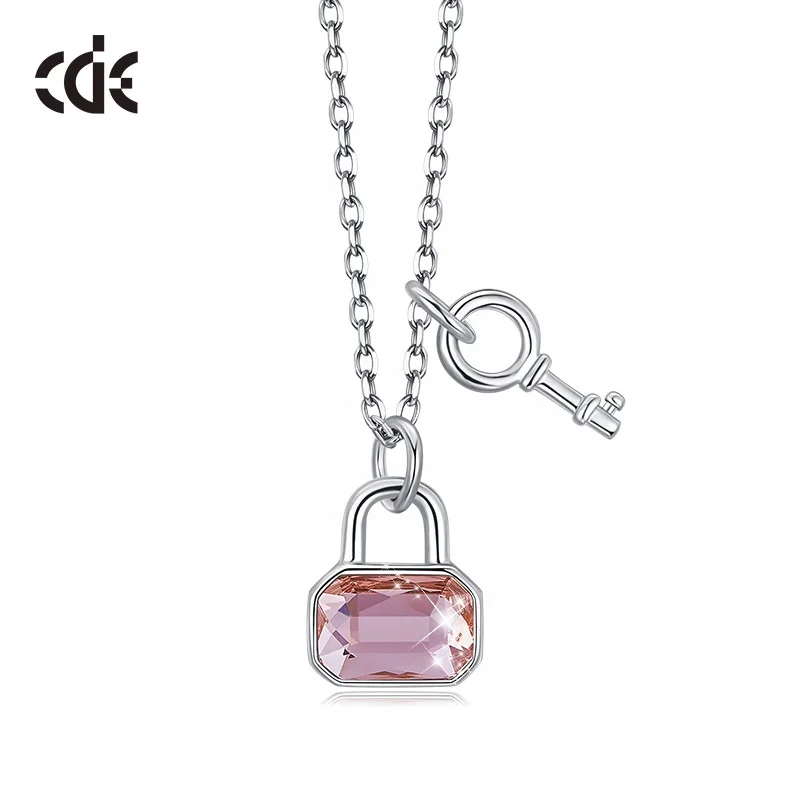 CDE Silver 925 Sterling Silver Pink Austrian Crystal Lock And Key Necklace For Women