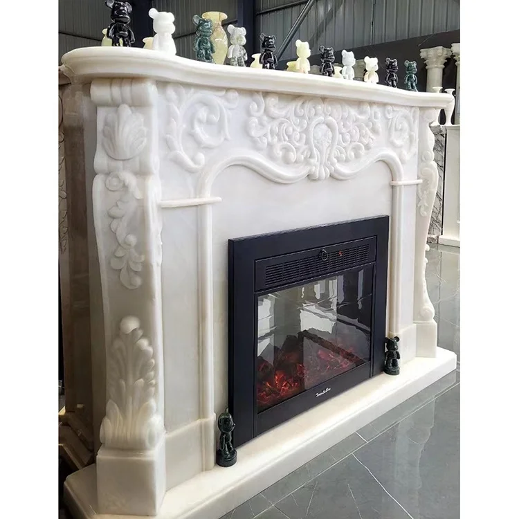 Carved white onyx marble stone fireplace mantle surround with electric fireplace