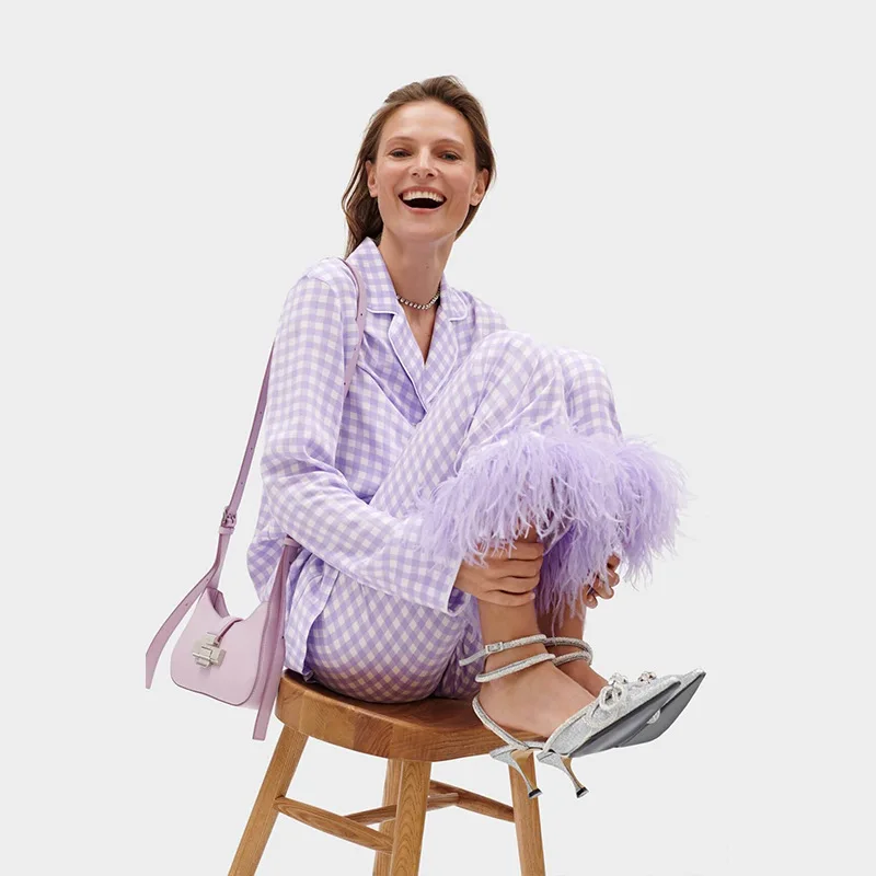 Wholesale Women Purple Checked Pattern Long Sleeve Top&Pants Matching Set Ostrich Feather Trim Cotton Party Pajamas Set
