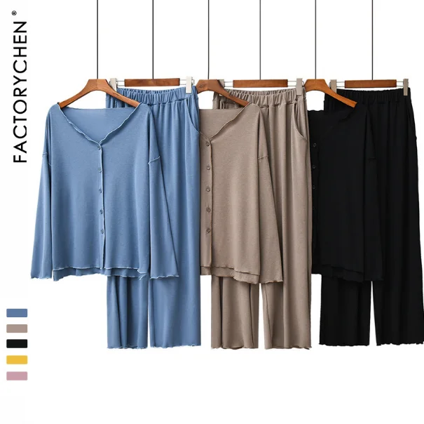 Explosive spring new pajamas women cotton long sleeve cardigan wooden ear edge casual can wear long sleeve home suit