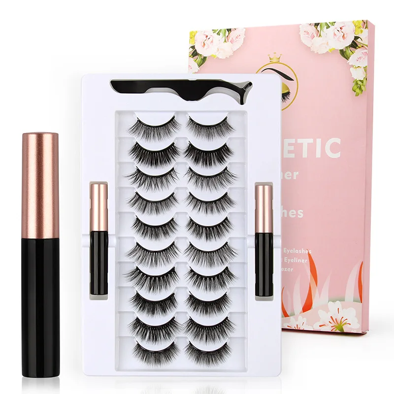 Eyeliner liquid magnet false eyelashes 10 pairs/set pack magnetic glue-free 3D natural eyelashes