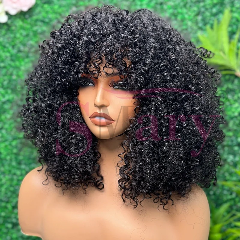 Cheap SDD super double drawn 100% human hair vendors afro kinky curl 300% density short fringe wigs with for black women