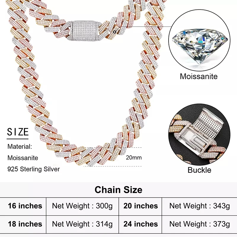 Hot Selling OEM/ODM Service 19mm 3 Tones 925 Sterling Silver VVS Moissanite Diamond Miami Cuban Link Chain Necklace