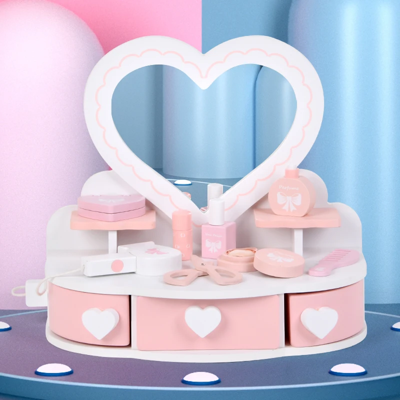 Customize mini makeup toys wooden early education Pretend small pink makeup table with mirror and drawer,Kids Makeup Toys