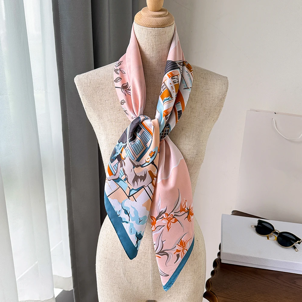 Fashion Ladies Luxury Designer 90X90CM Twill Silk Scarf Shawls High Quality Black And White Printed Women Square Silk Hair Scarf