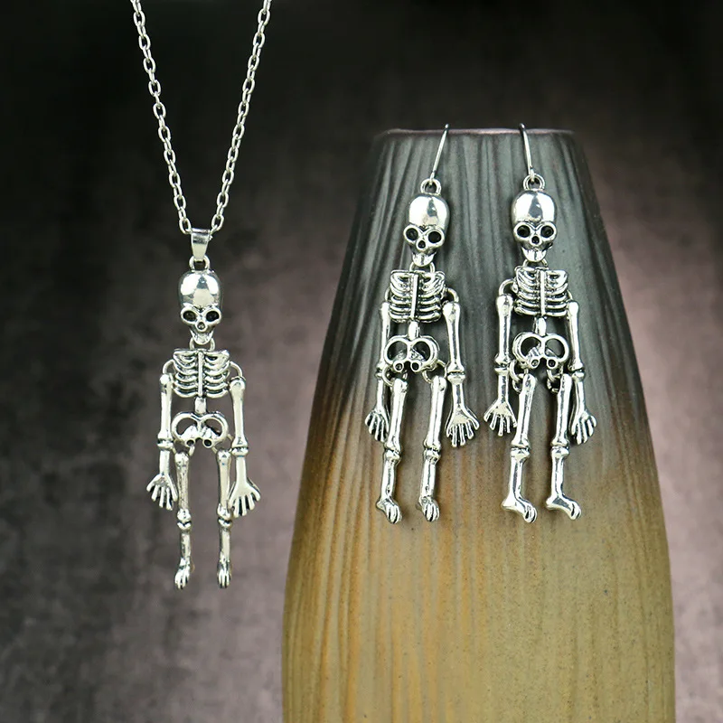 Dark Retro Style Halloween Jewelry Sets For Women Girls Vintage Hip Hop Metal Alloy Skull Skeleton Ghost Necklace Earring Set