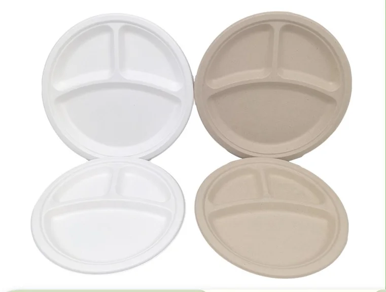 Factory Direct Sales 9 Inch 3 Grid Disposable Tableware Bagasse Pulp Bamboo Pulp Environmentally Friendly Plates