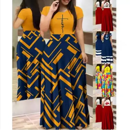 2024 Summer Casual Printed Maxi Dress Women Letter O Neck Short Sleeve Ruched Tight High Waist Party Club Long Dress (CYY8888-9)