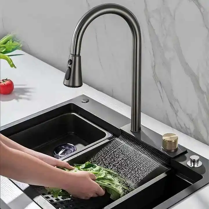 luxury kitchen sinks 304 stainless steel china farmhouse sink modern waterfall rainfall single bowl kitchen sink set black