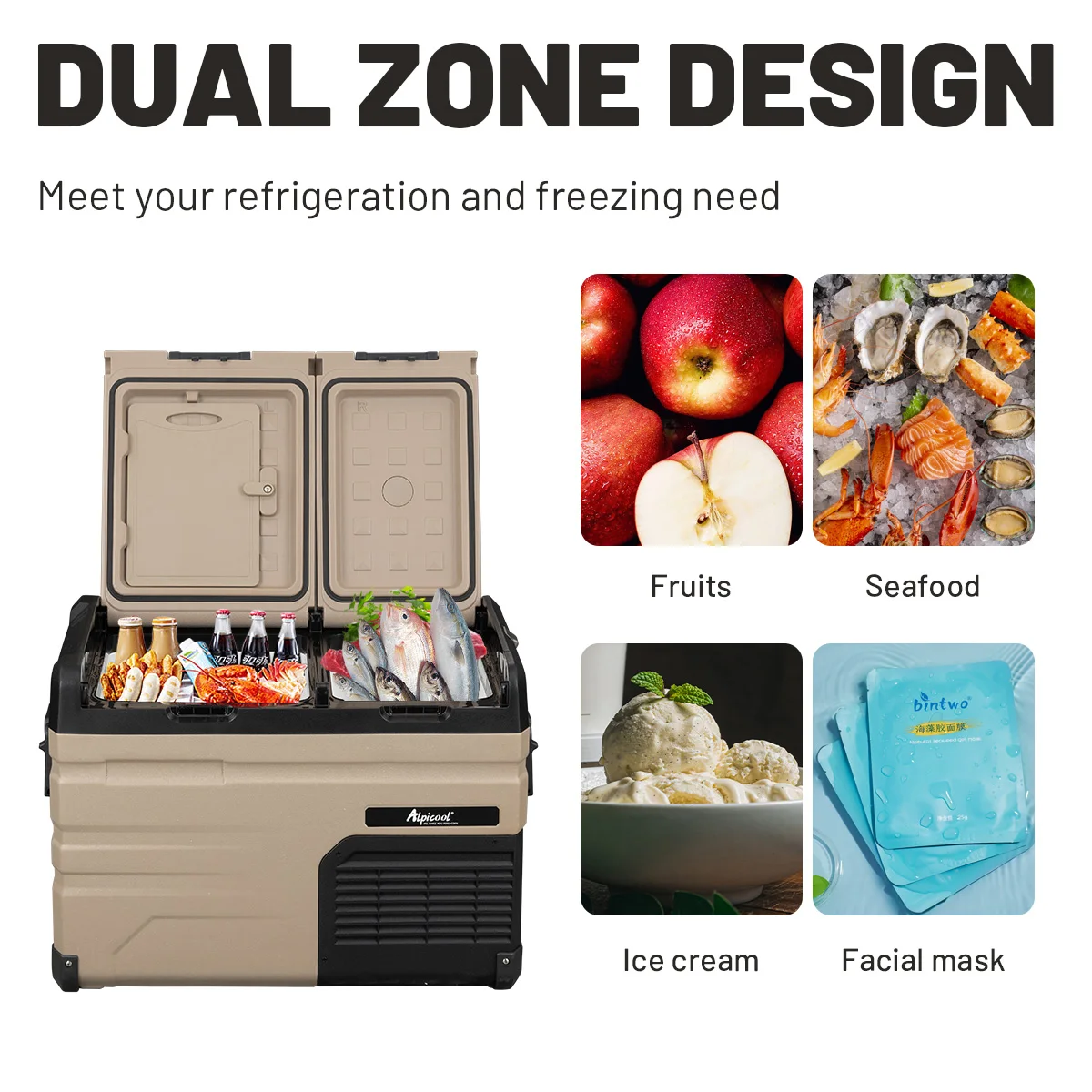 TA35 12V/24V Portable Dual Zone Shockproof Car Fridge Freezer Durable Solar Panel Refrirator Cooler Box for Boat Car