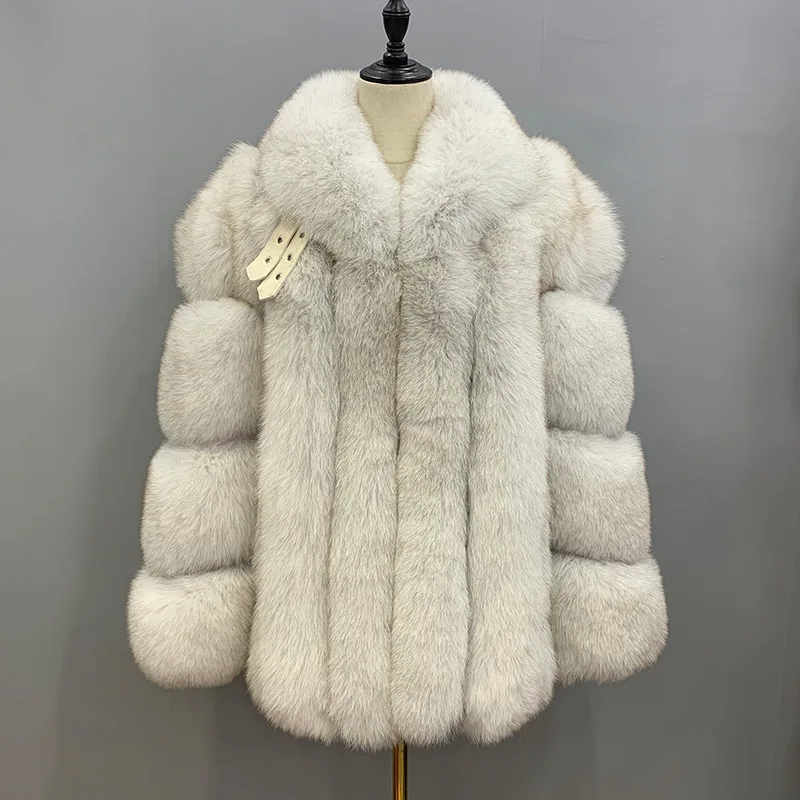 2022 New Arrivals High Quality Italian Classic Style Stand Collar Natural White Real Fox Fur Coat Women