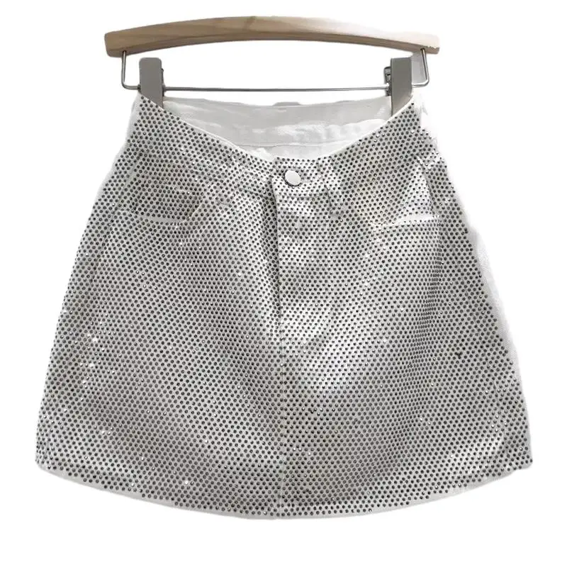 New in 2024 Heavy Rhinestone jean skirt A-line fashion high waist short skirt for girls