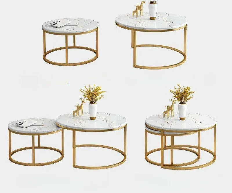 Golden Frame Round Wood Nesting Coffee Table Set of 2 for Living Room Bedroom Wood Coffee Tables with Sturdy Metal Frame