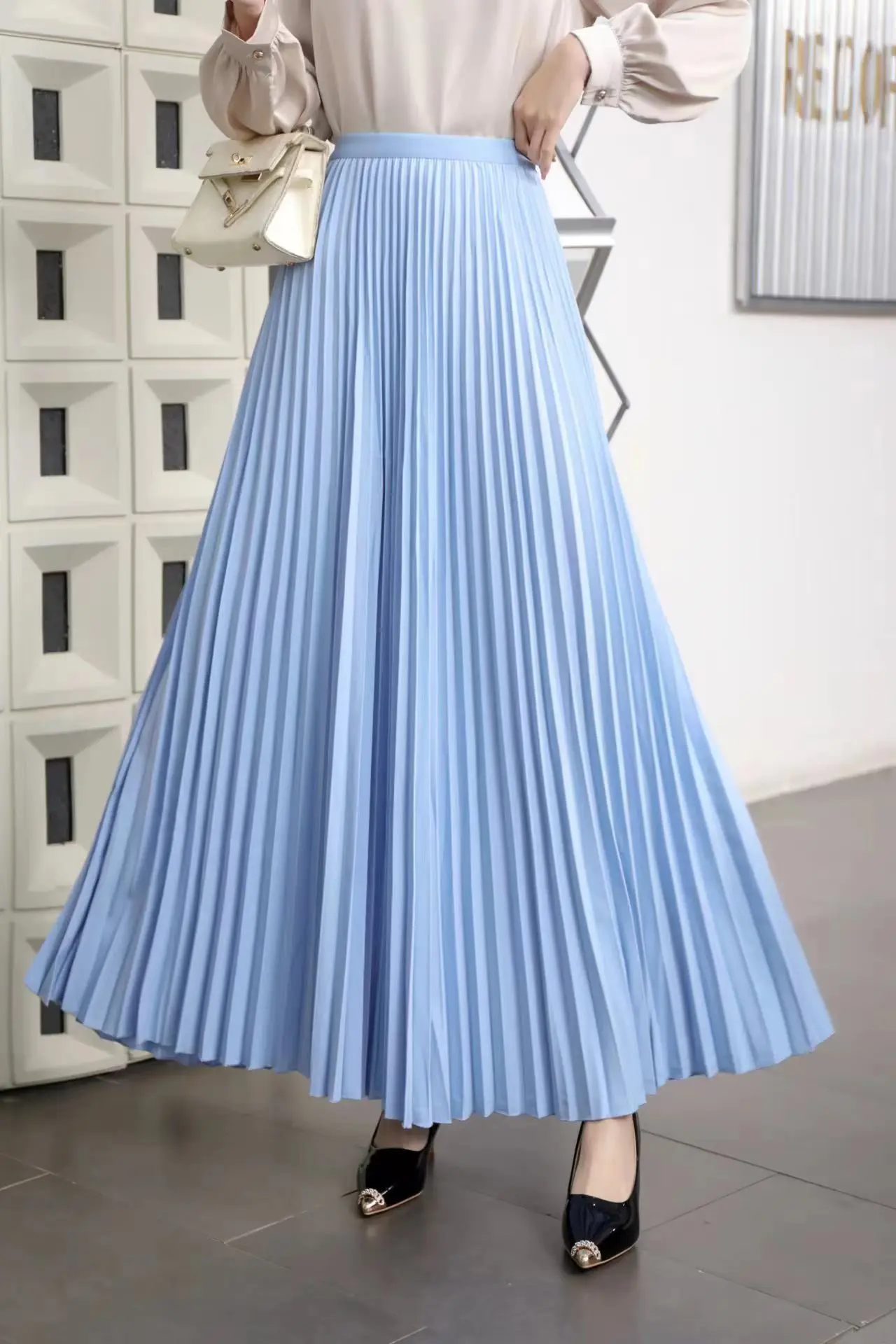 2024 Long Pleated Skirt Women Summer Elegant Plain Korean Casual Simple Temperament High Waisted Midi Skirts