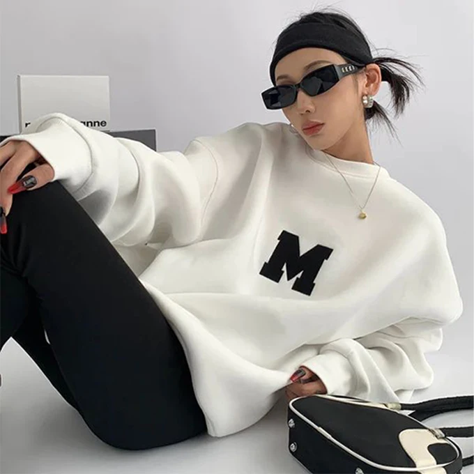 Black crew neck sweater 500gsm 100 % cotton oversized crewneck hoodies embroidery white heavyweight sweatshirt women heavy hoody