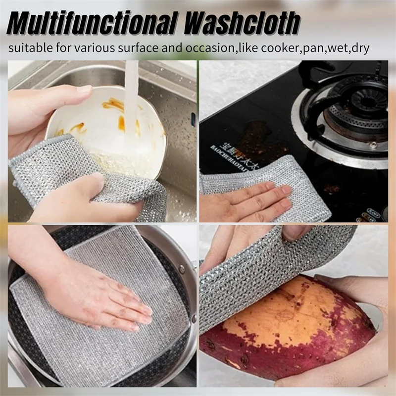 Double Layer Multi-Purpose Non-Scratch Wire Dishcloth Kitchen Cleaning Cloth and Dishwashing Rags