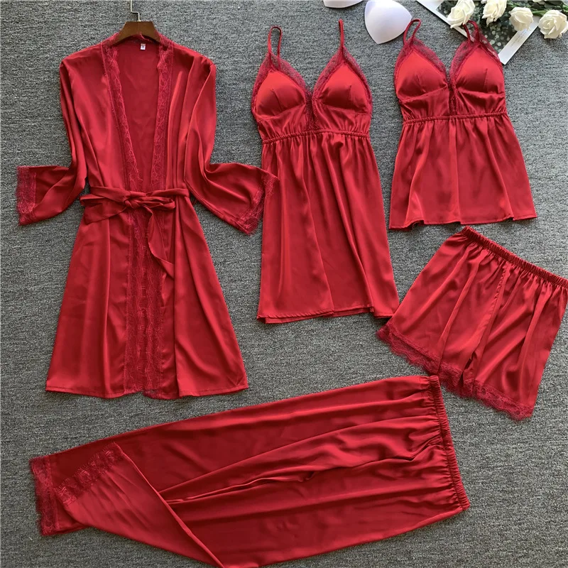 NEW ARRIVAL wholesale 5 piece Satin Robe sets sexy lace babydoll for women summer lingerie Silky cami pajama set