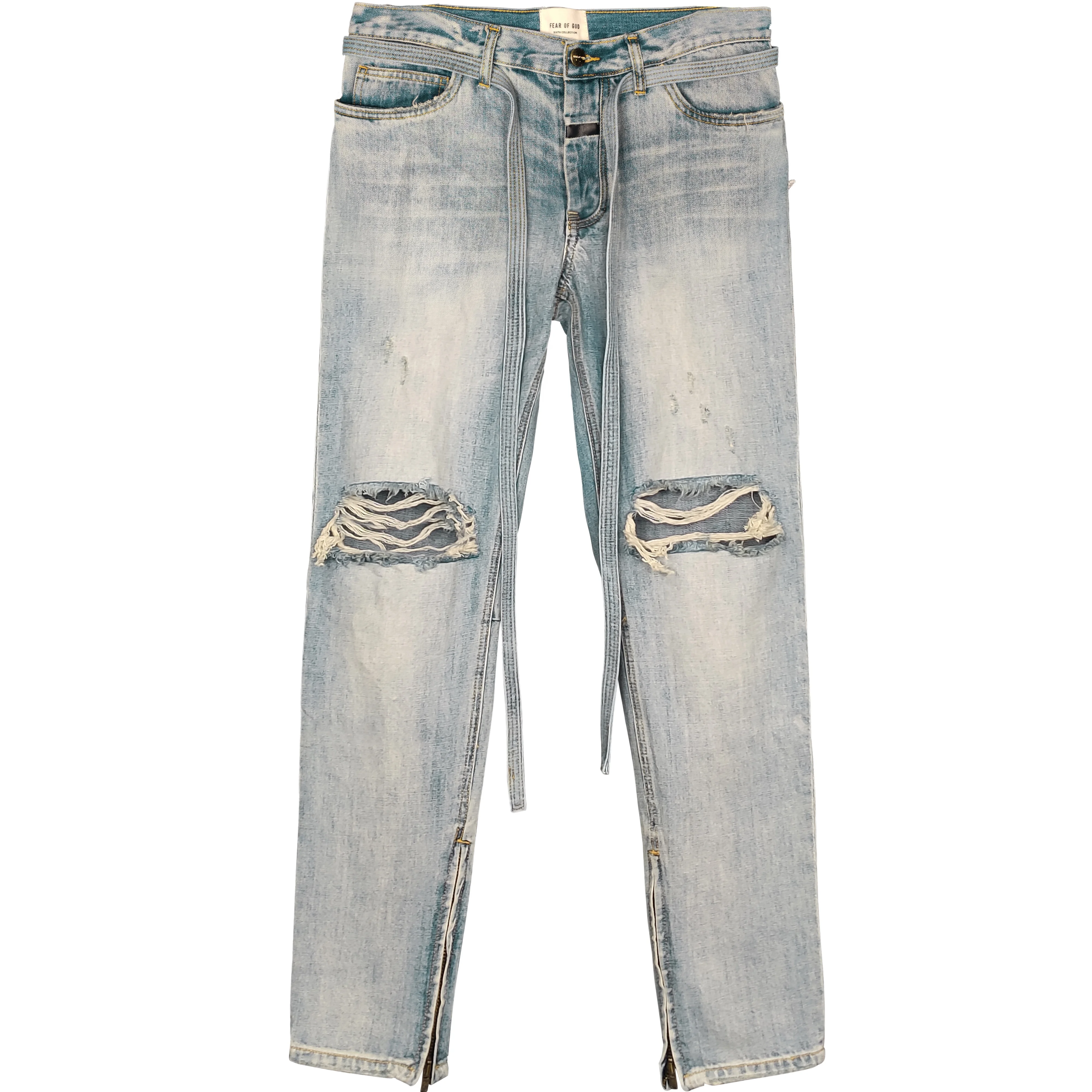 Men women hip-hop ripped jeans season 6 long ribbon high street trousers Grandpa West casual loose streetwear pants