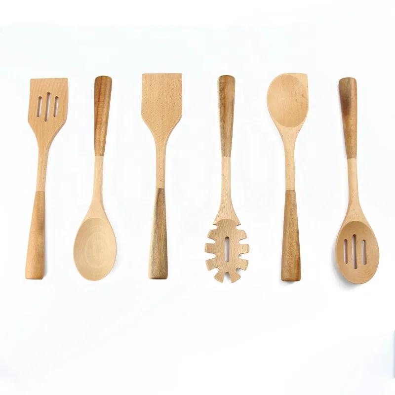 5 pieces beach wood and acacia slotted spatula cooking utensils sets for kitchen