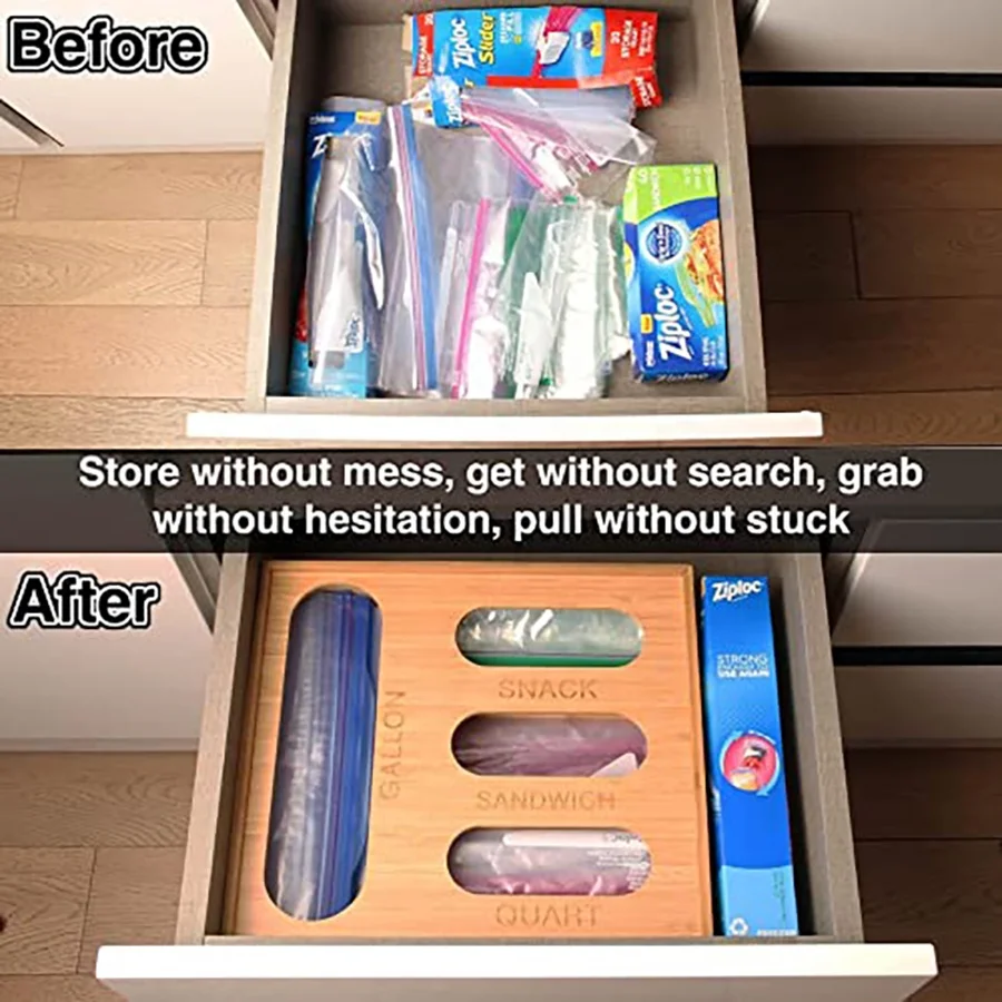 Natural kitchen wholesale bamboo ziplock bag organizer ziplock bag storage box