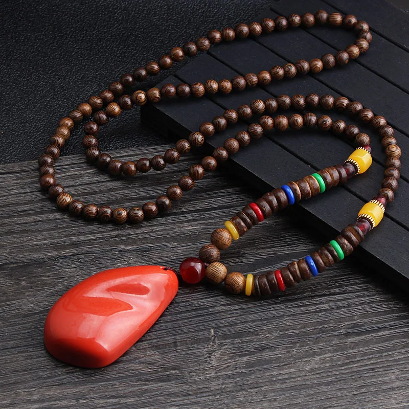 Wholesale Boho Jewelry Men Vintage Nepal Necklace Religion Tribal Wood Beads Jewelry Handmade Long Boho Beaded Necklace Women