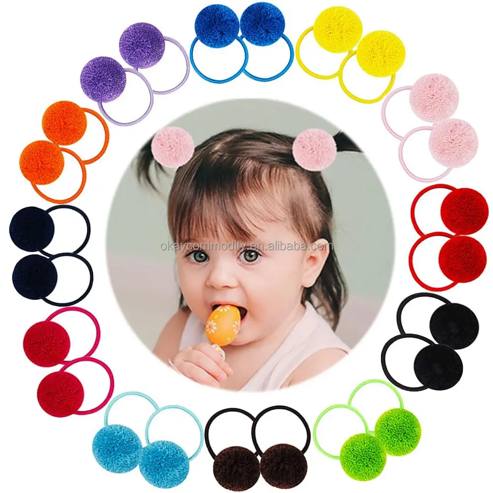 OKAY Candy Color Pompom Elastic Hair Ties Pom Ball Hair Bands Ropes Ponytail Holders Hair Ties for Little Girls Kids and Teens