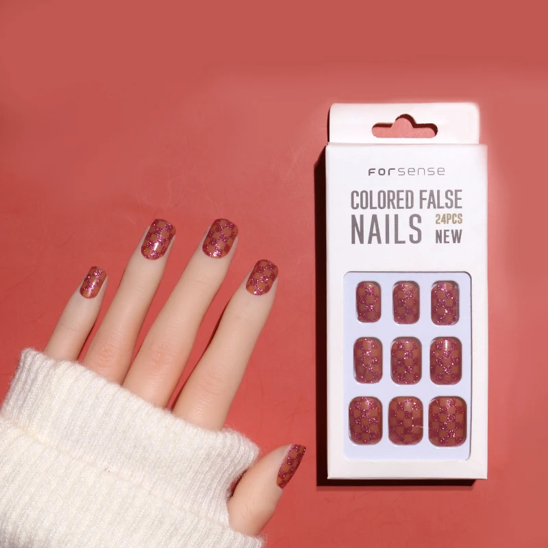 wholesale fall winter full cover short square press on nail glitter checker fake nail private label custom glue on nail stick on