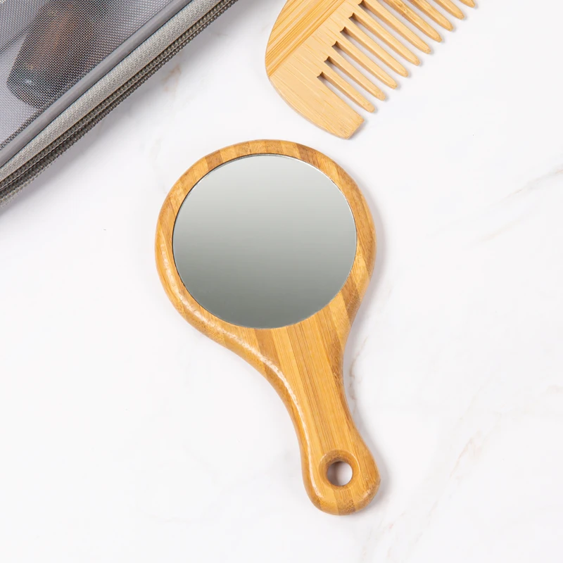 portable bamboo wooden handle makeup mirror creative production of hand-held dressing mirror