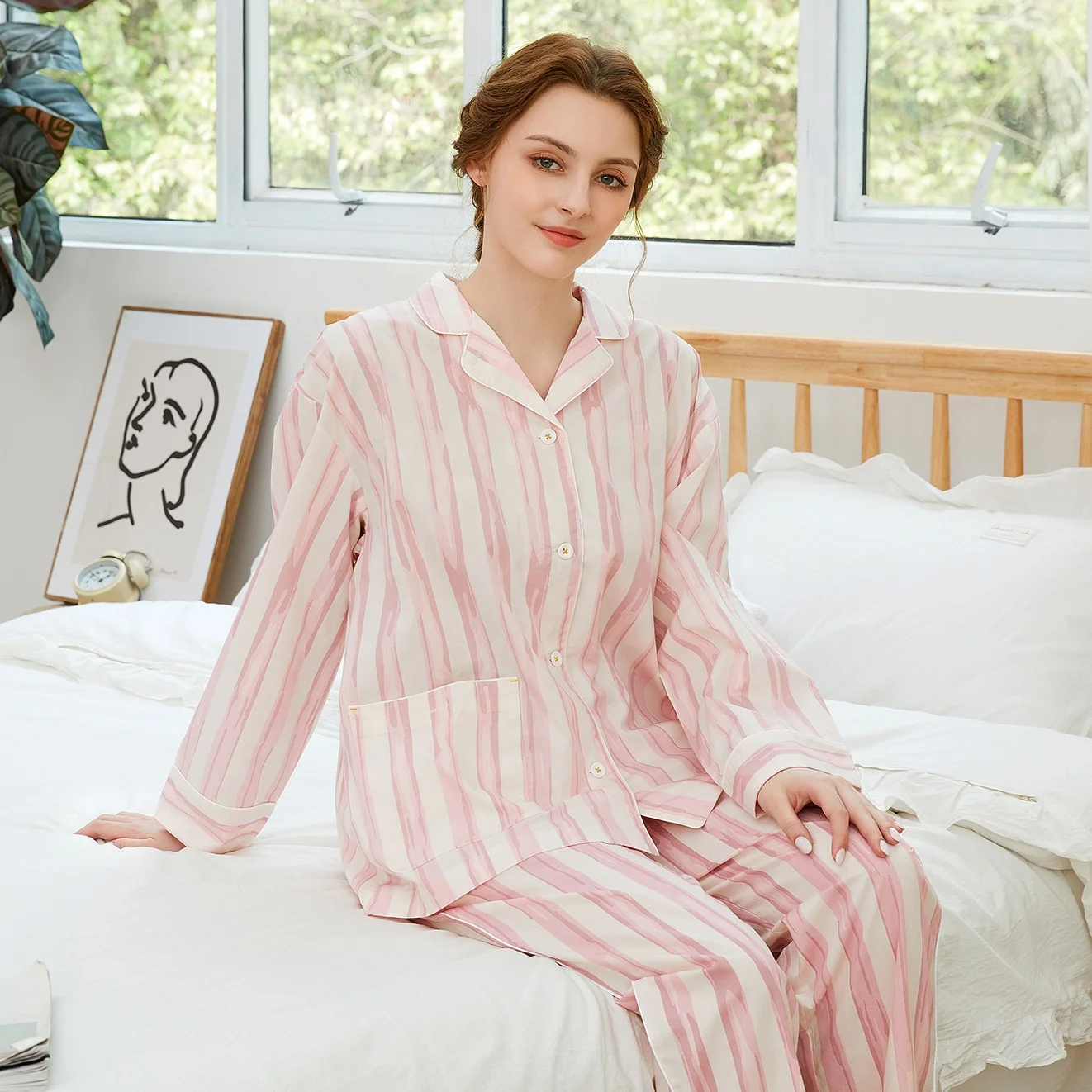 Womens pajama set cotton night pajamas pink blue striped couple cotton pajama set long-sleeved cotton sleepwear for women pyjama