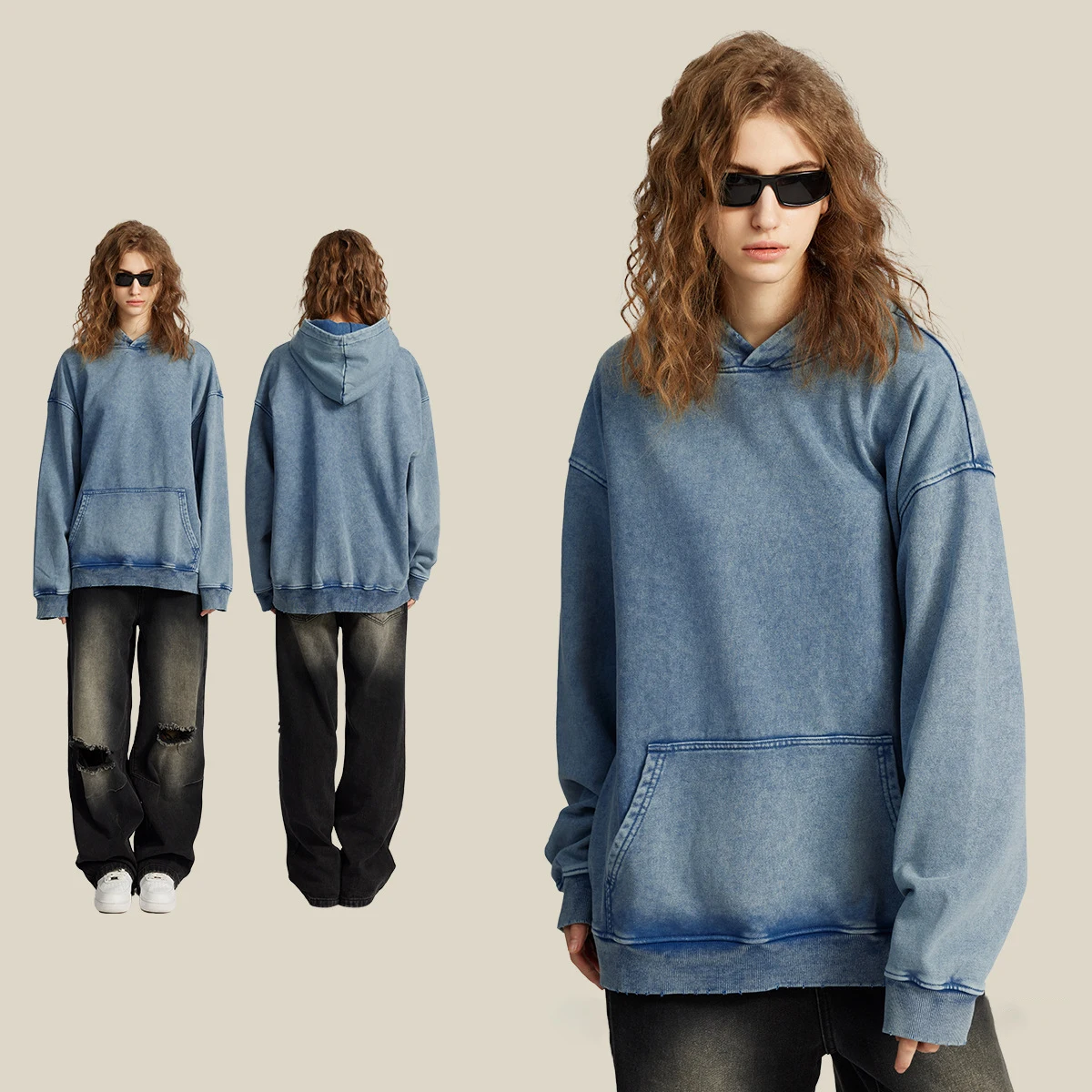 H5419 Custom New Design Vintage 450 Gsm Washed Denim Hoodies Unisex Oversized Hoodies