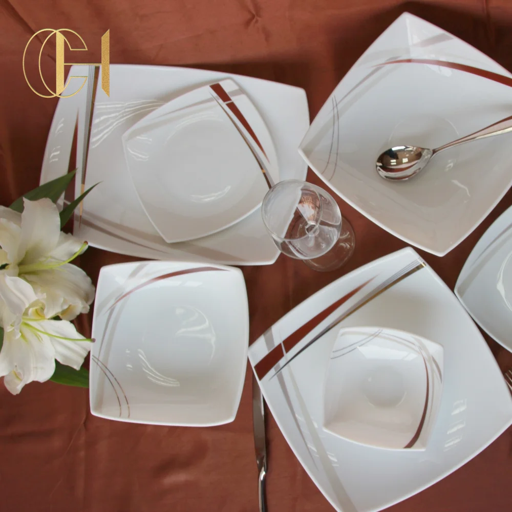 C&H Opal Glass Dinnerware Set Chip Resistant White Square Dinner Set with Plates Dishes and Bowls