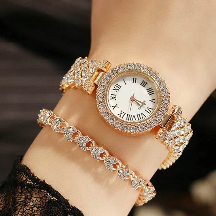 Low Price Hot Selling custom 2pcs set Wrist Luxury Ladies Quartz Watch Double Bracelet Set For Women