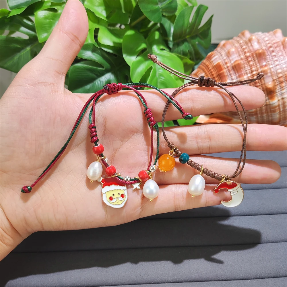 2024 Friendship Jewelry Hand Knit Rope Adjustable Braided Christmas Bracelets Ceramic Beaded Pearl Bracelets With Santa Claus
