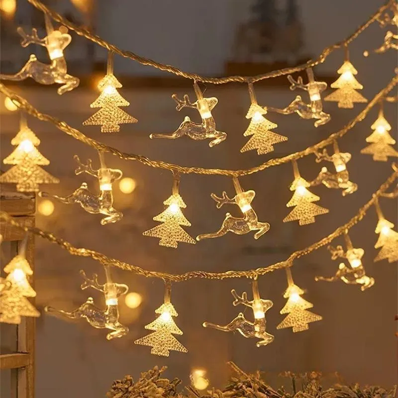 Christmas Tree Snowflake Elk Warm White Fairy LED String Lights Battery-Operated Patio Garden Decor for Holidays