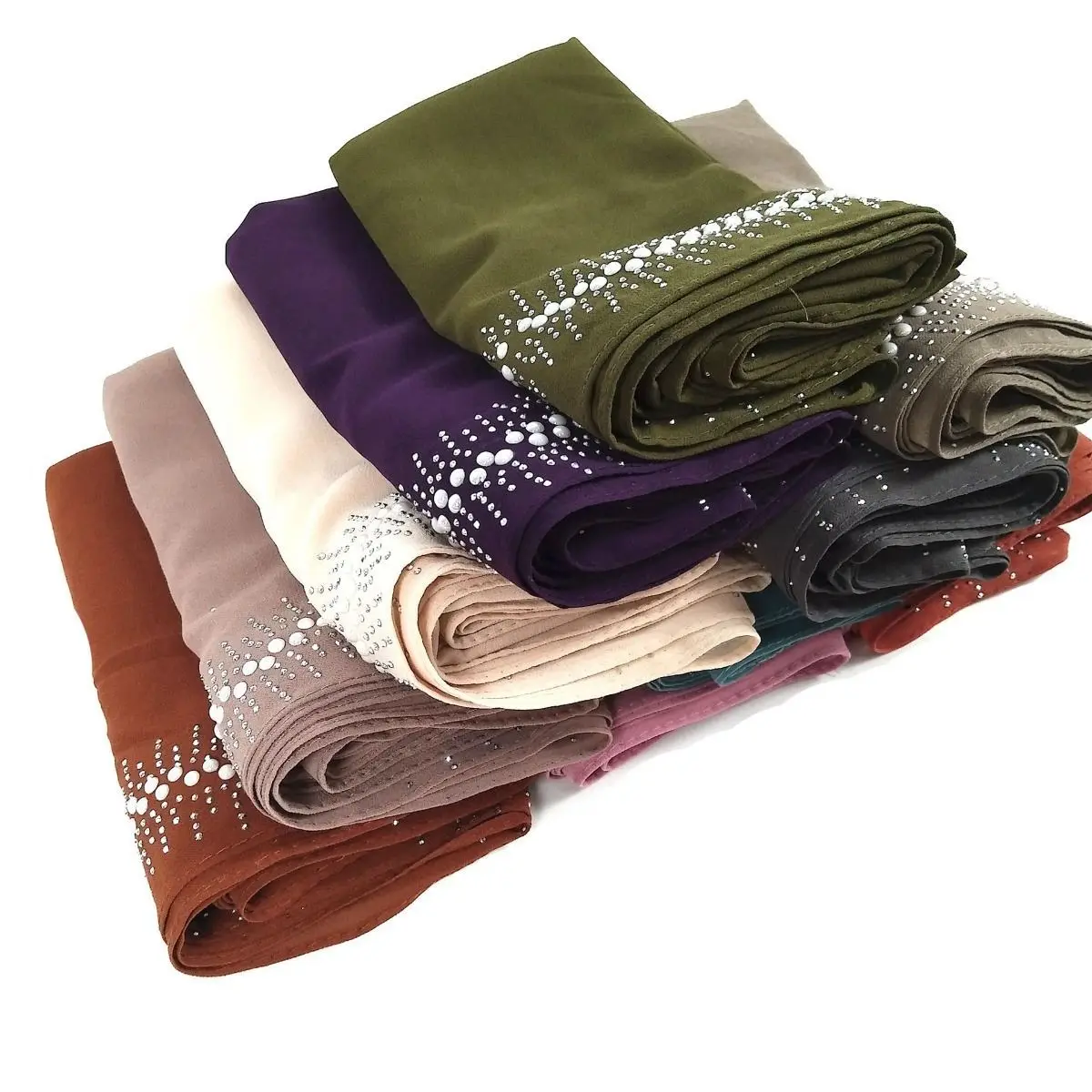 Hot Sale Pearls 75*180cm Stock Muslim Women stone Chiffon Beaded Hijab Scarf