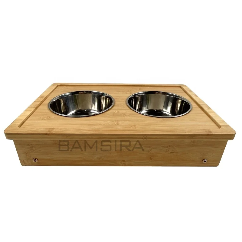 Foldable and Height Adjustable Stainless Steel Bowls Pet Feeder with Wooden Stand