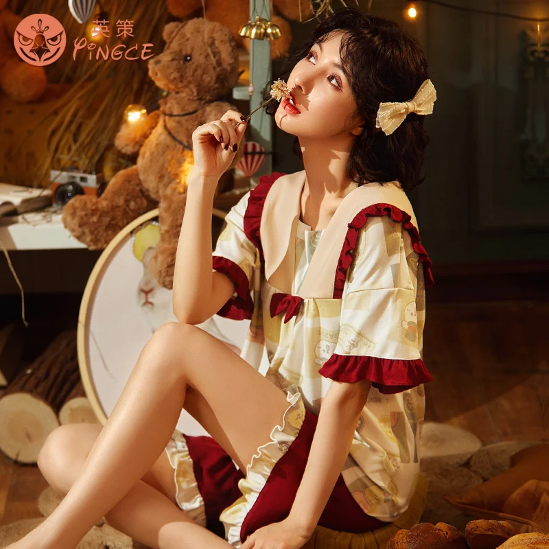 
Women summer customized short-sleeved cotton two-piece thin lapel cute cartoon printed loose plus size home clothes sleepwear 