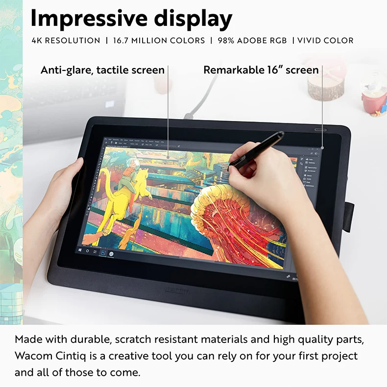 Cintiq 16 Drawing Tablet with Full HD 15.6' Screen 8192 Pressure Sensitive Pro Pen 2 Tilt Recognition MacOS & WindowsOS