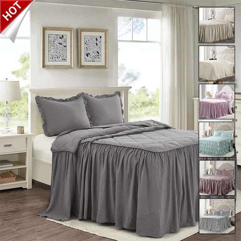 Cross border Amazon plain bedspread bedclothes three sets lotus leaf lace custom trade bedskirt,Bud silk bed skirt/