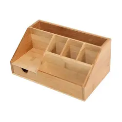 Bamboo Desktop Storage Box Natural Wooden Office Pen Holder Multifunction Stationery Splicing Pencil Cosmetic Desk Organizer