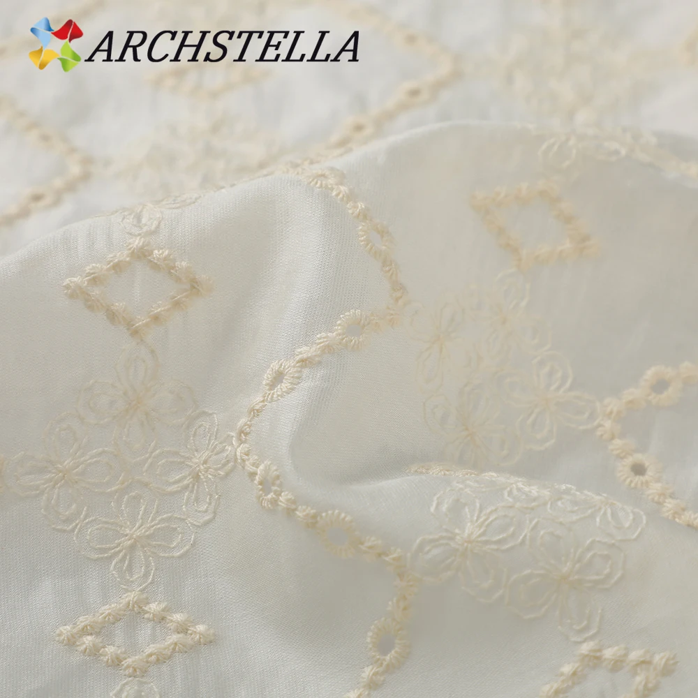 ARCHSTELLA Sweet Country Style Hollow White Beige Floral 100% Tencel Water Soluble Cotton thread Embroidered Lace Fabric