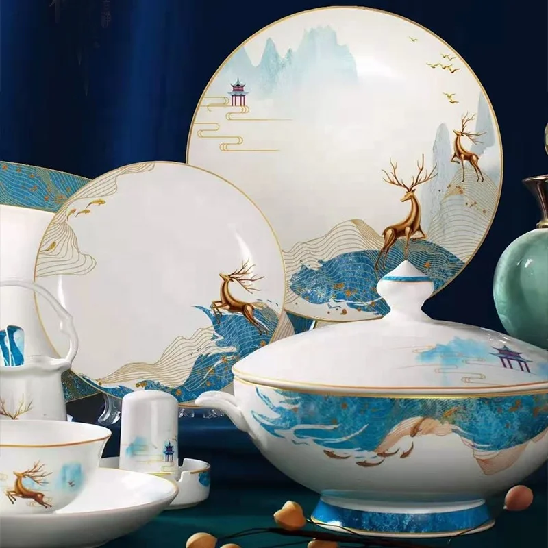Yiluxiang with bone porcelain tableware set Chinese wholesale bowls, plates and ceramic tableware