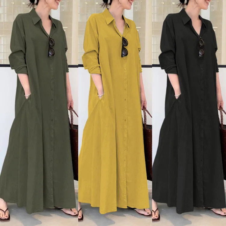 Hot Selling Women Clothing Long Linen Cotton Shirt Dress Casual Dresses