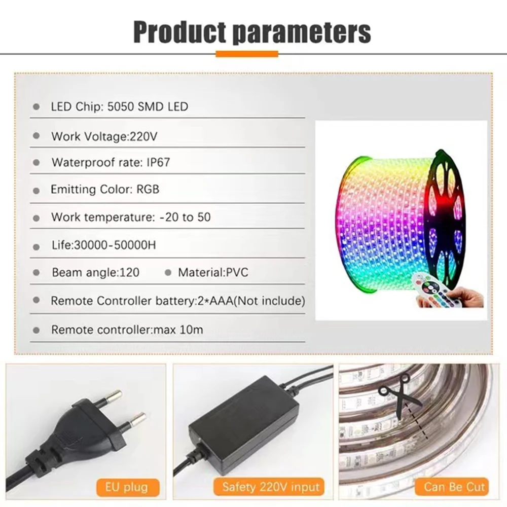 220V High Voltage LED Strip Light RGB IP65 IP67 SMD 5050 Tape Remote Control Waterproof RGBW LED Backlight Strip for Bar Parties